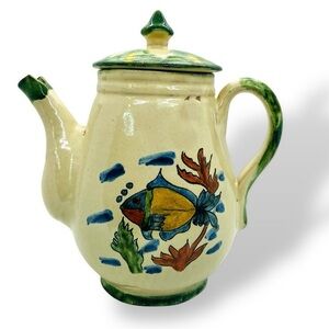70’s VTG Mexican Pottery Pitcher Hand Painted Fish Artist Signed Folk Tropical